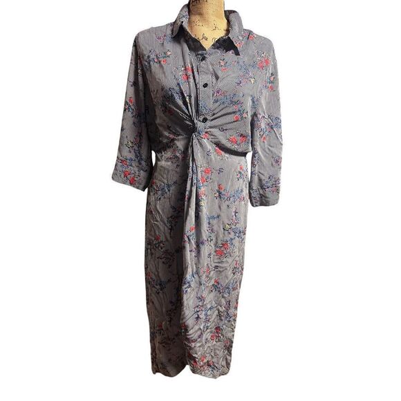 Suzanne Betro Long Sleeve Gray Striped Floral Design Waist Twist High Low Dress - Picture 1 of 11